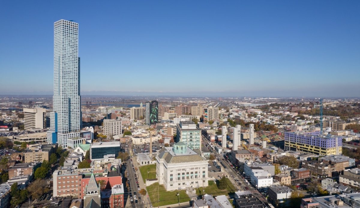 Aerial view of Jersey City, New Jersey with modern buildings and skyscrapers 