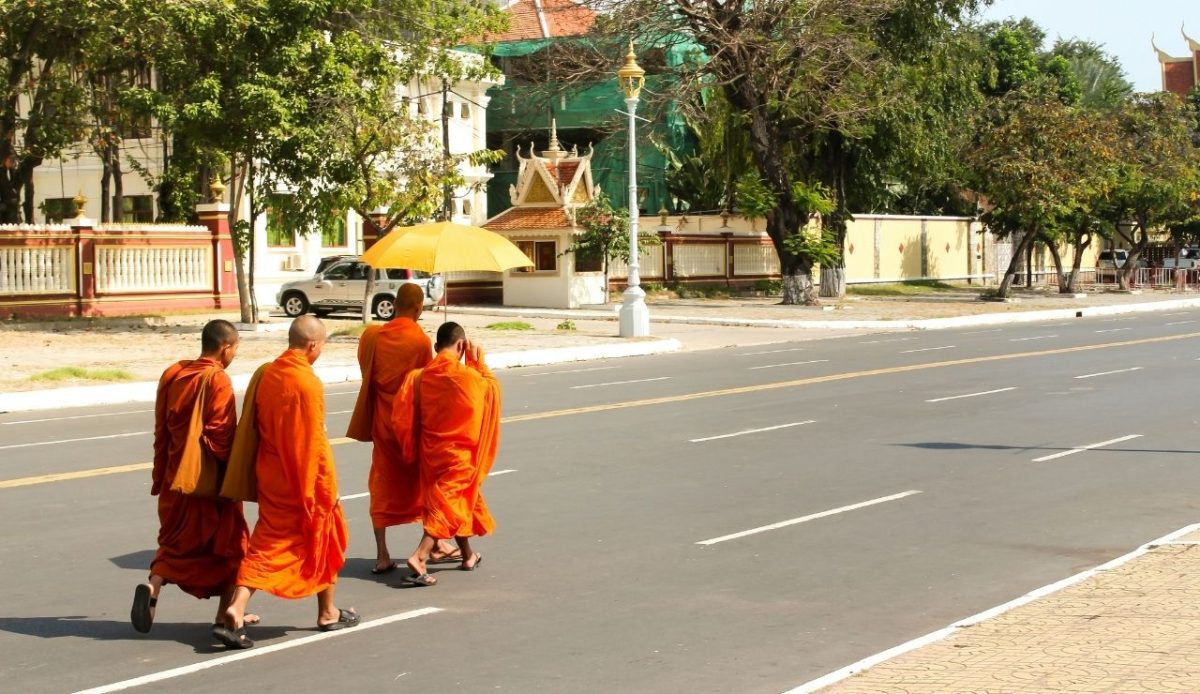Buddhist monks in orange robes walking along a city street near trees and temple-style buildings                             