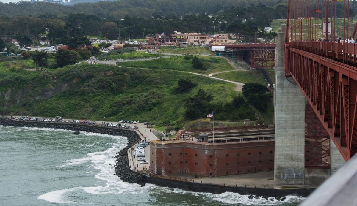 Fort Point from from the Golden Gate Bridge deck                                    