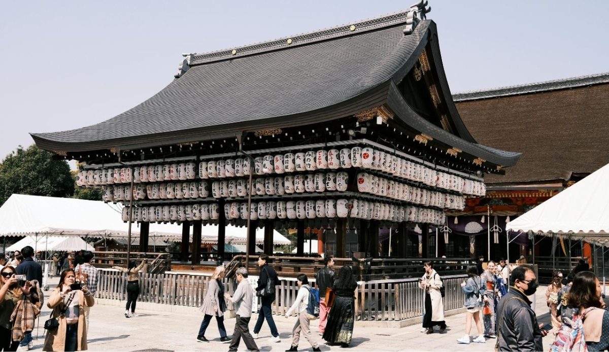 Pedestrians Walking near the Yasaka Shrine in Kyoto, Japan