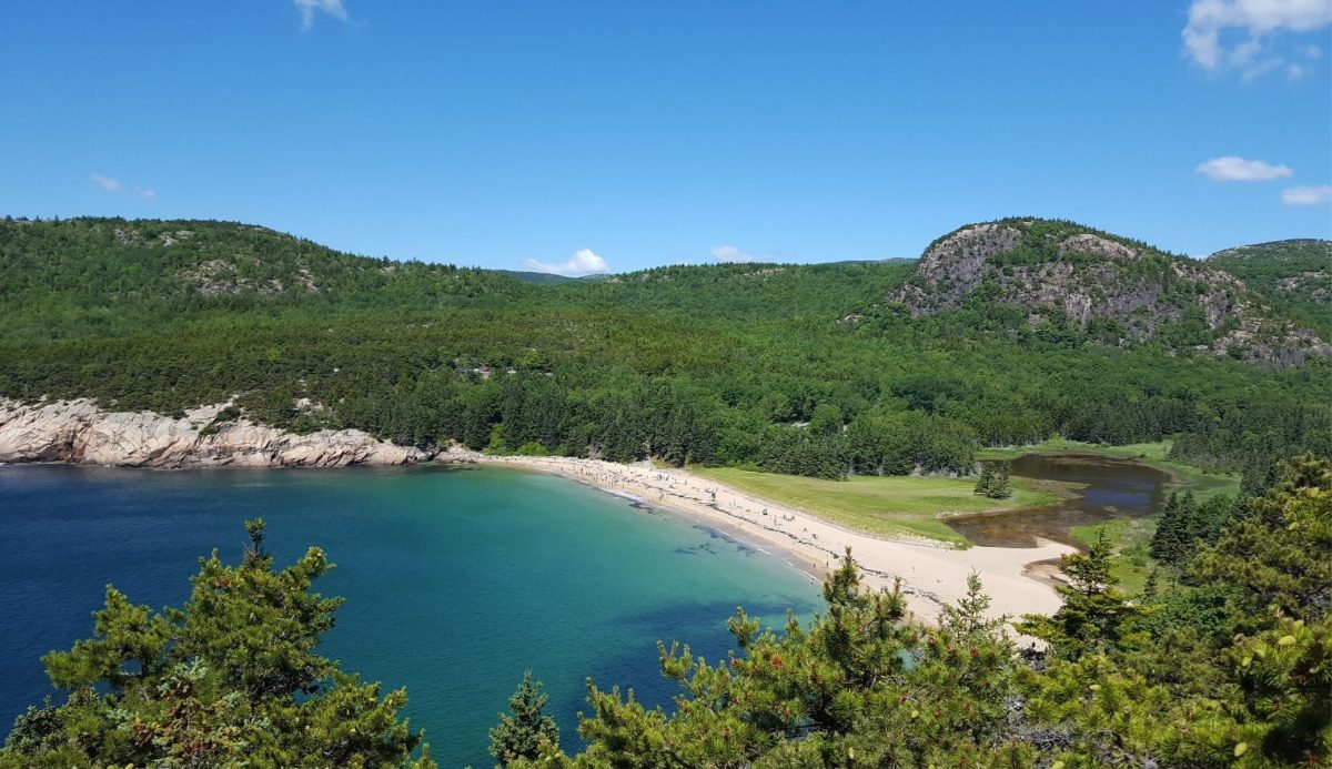 Sand Beach and surrounding cliffs at Acadia National Park in Bar Harbor, Maine, USA