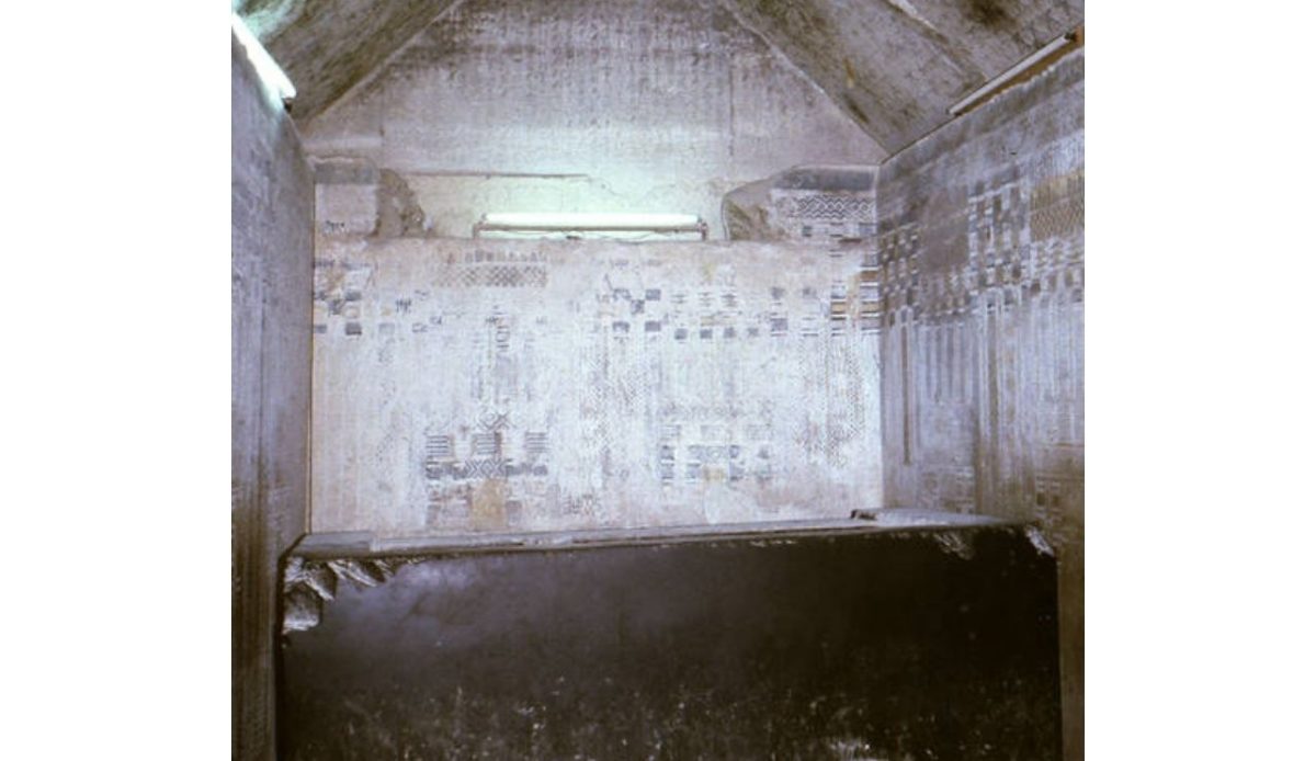 Sarcophagus and funerary chamber in the Pyramid of Unas, where the Cannibal Hymn was found                               