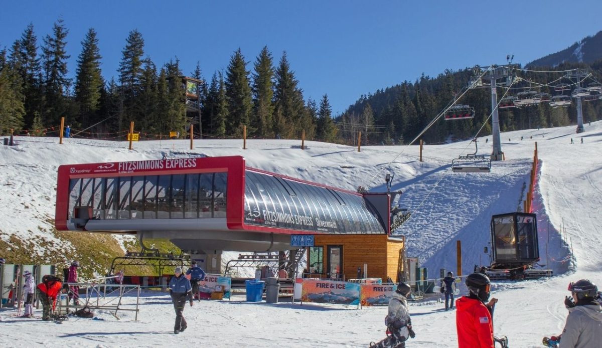 Skiers at the Fitzsimmons Express chairlift base in Whistler, British Columbia, Canada                     