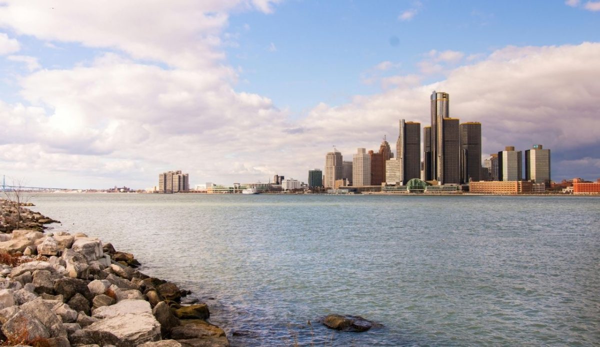 Skyline view of downtown Detroit, Michigan across the Detroit 
