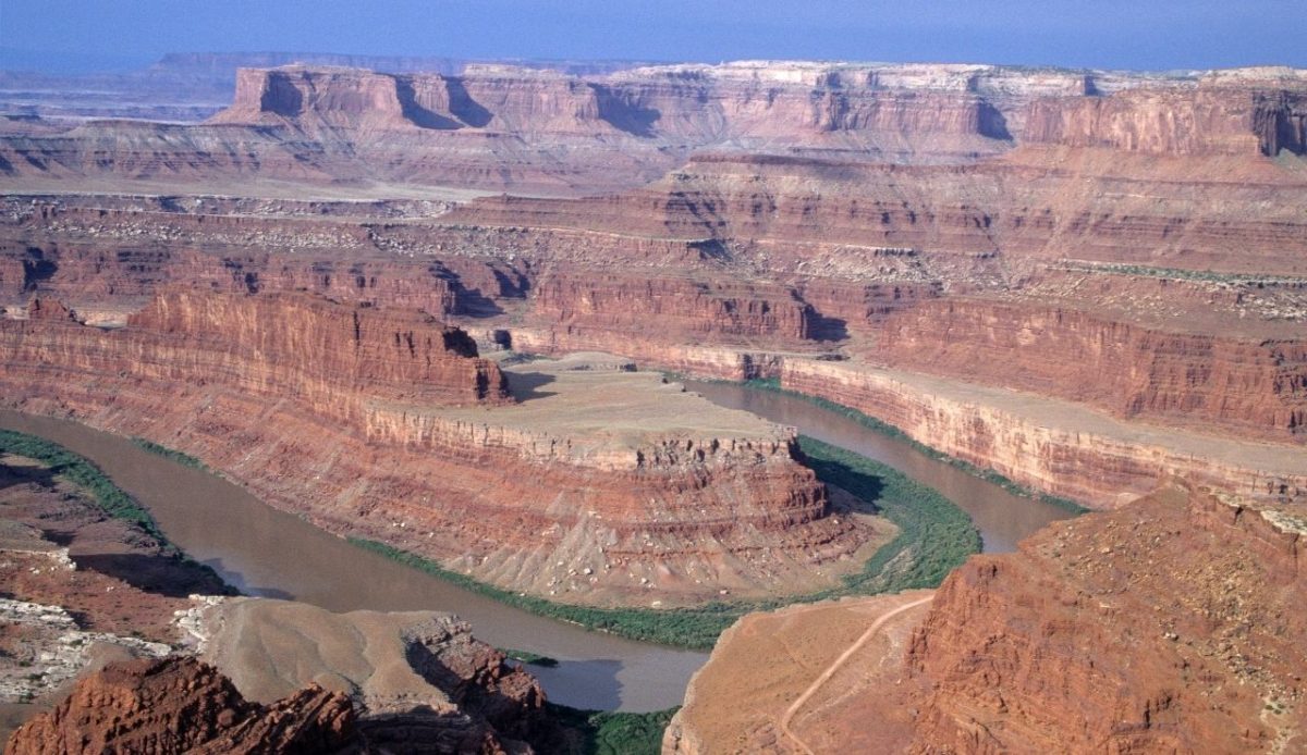 View of the Colorado River and Canyonlands National Park from Dead Horse Point in San Juan County, Utah, USA          