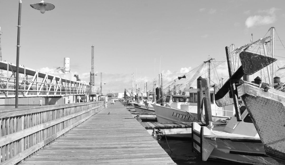Wooden Pier in Port in Galveston, Texas, USA                                             
