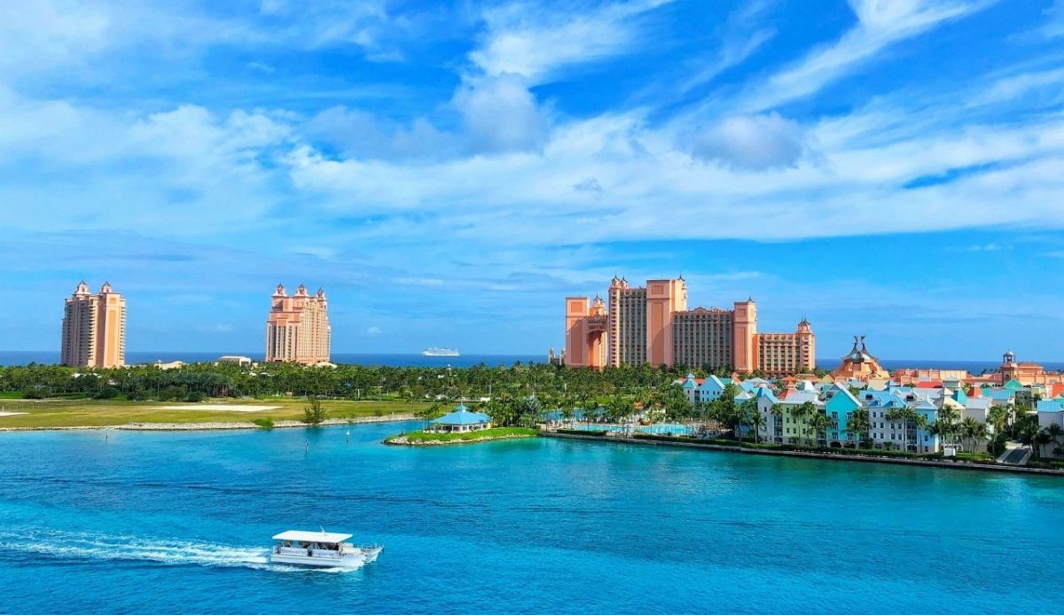 Atlantis Paradise Island resort skyline along Nassau harbor, Bahamas                   