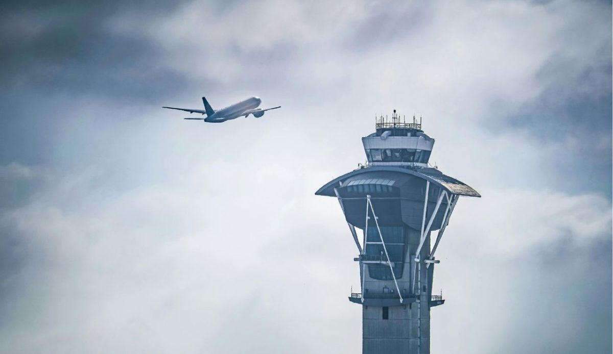 Airplane Taking Off Near LAX Control Tower, Los Angeles International Airport, Los Angeles, United States                                     