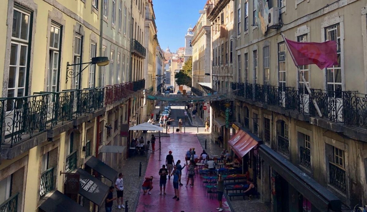 pink street in Cais Do Sodré, Lisbon, Portugal                      