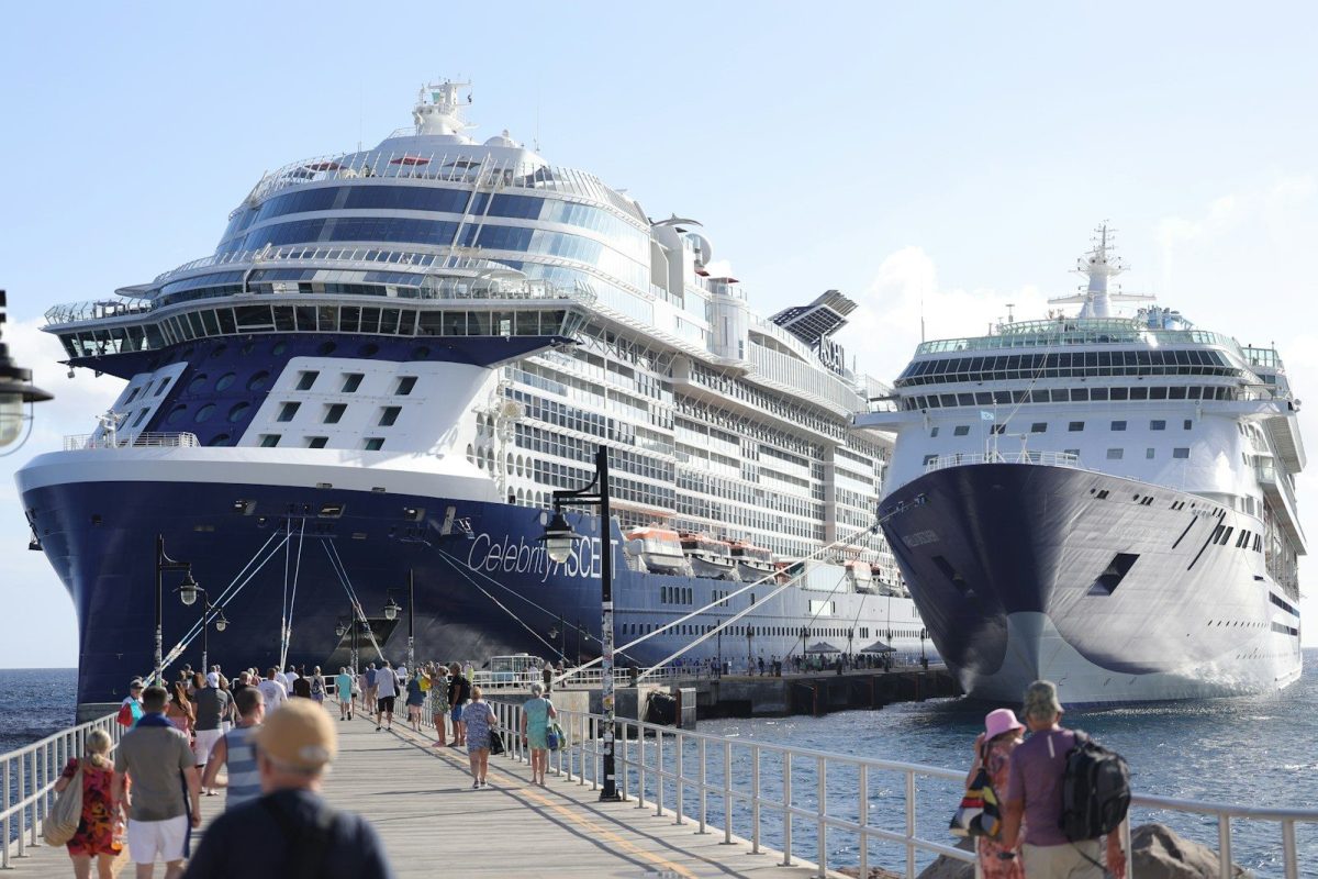 People walking on a pier towards two large cruise ships.