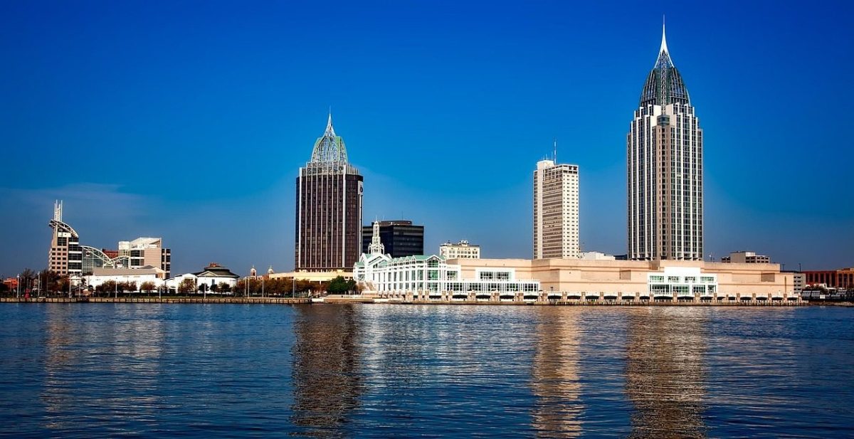 mobile, alabama, panorama, city, cities, urban, skyline, cityscape, bay, harbor, sea, ocean, reflections, nature, hdr, architecture, sky, waterfront, scenic, rsa tower, blue mobile