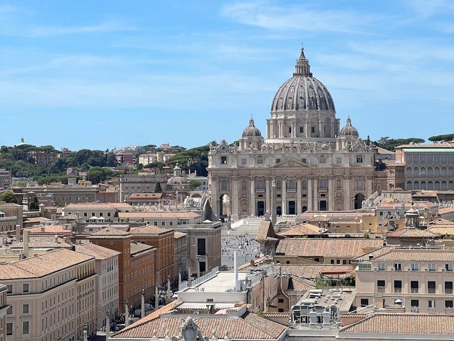 a view of a city with a dome in the background