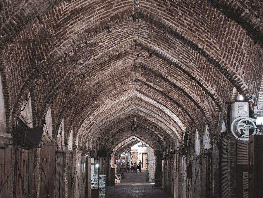 a long hallway with a chair