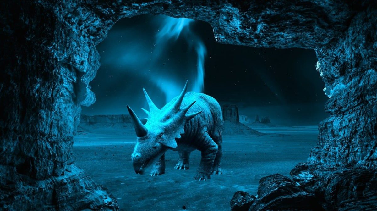 dinosaur, night, fantasy, cave, styracosaurus, desert, nature, aurora, aurora borealis, jurassic, cretaceous, herbivore, animal, wildlife, extinct, dark