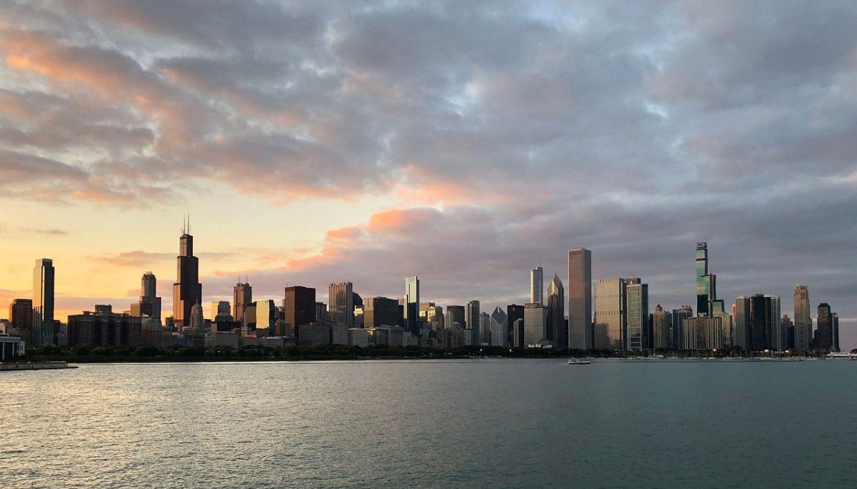buildings, skyscraper, sea, chicago, skyline, nature, sunset, architecture, lake michigan, urban, city