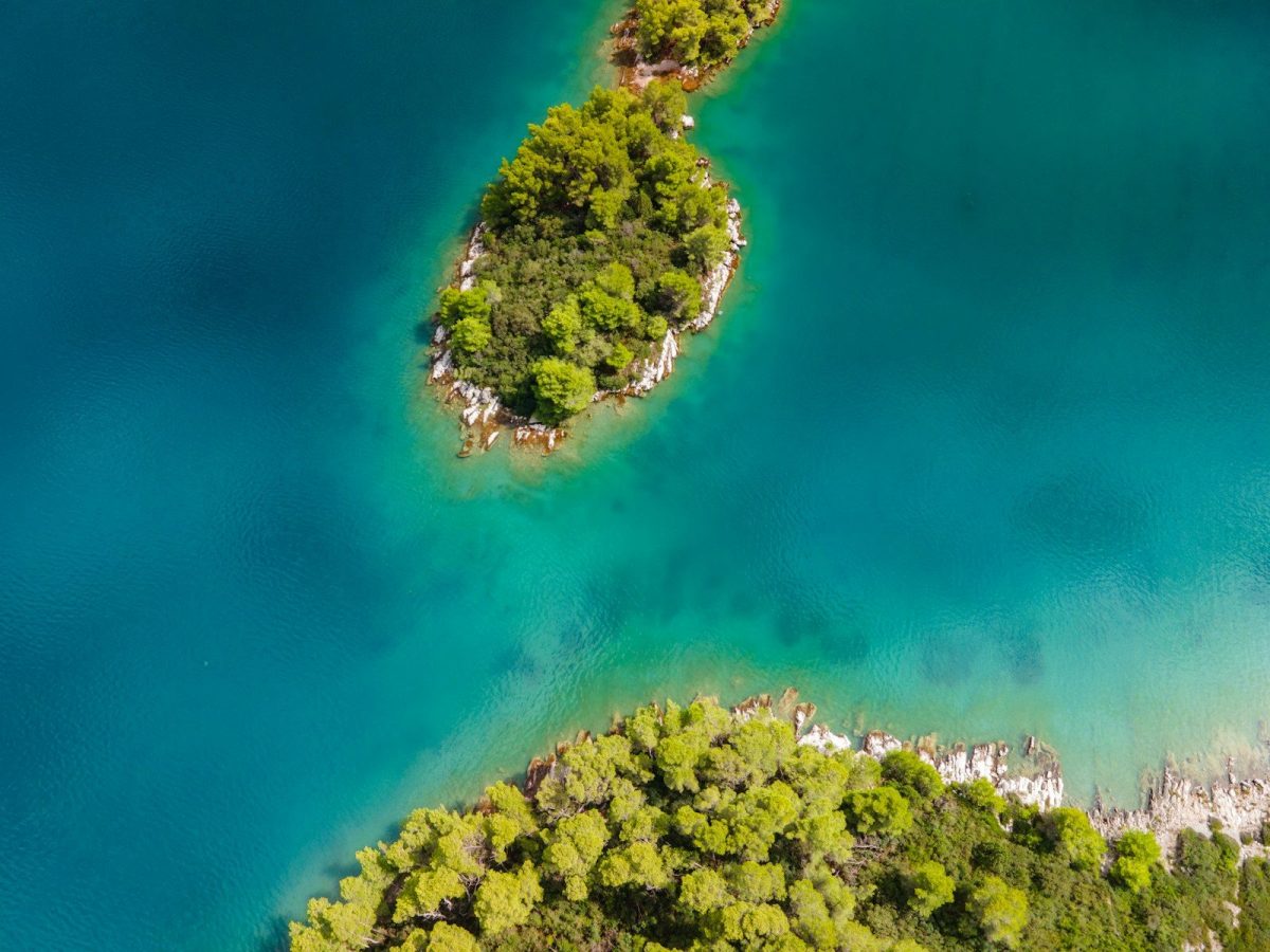 An aerial view of a small island in the middle of a body of water