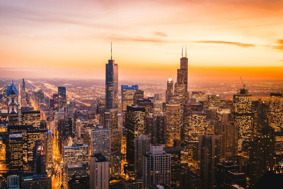 city skyline during night time