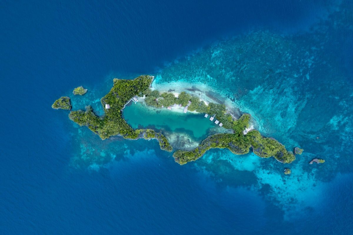 an aerial view of an island in the middle of the ocean