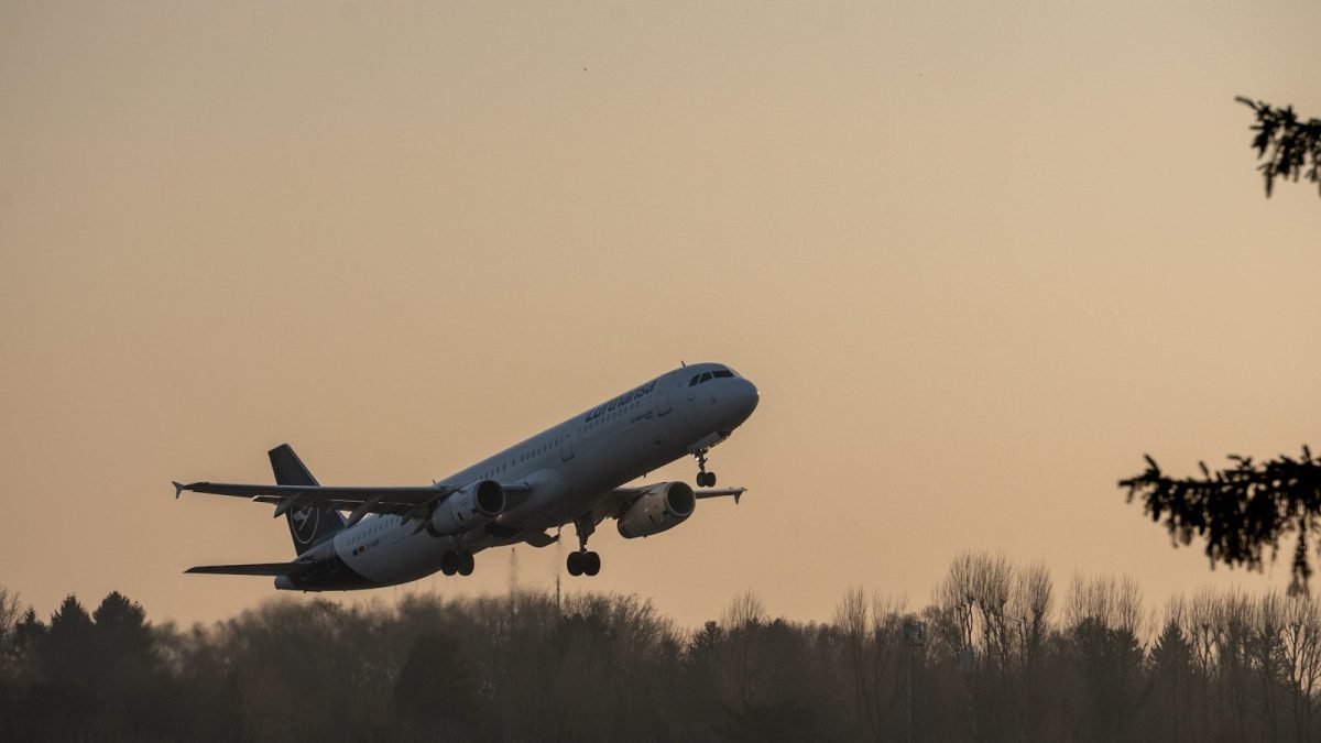 Airplane taking off at sunset with trees silhouetted