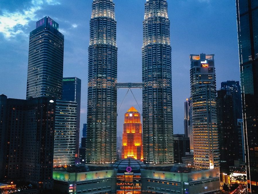 city skyline during night time
