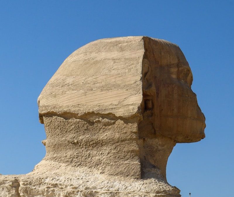 The great sphinx of giza under a clear blue sky.