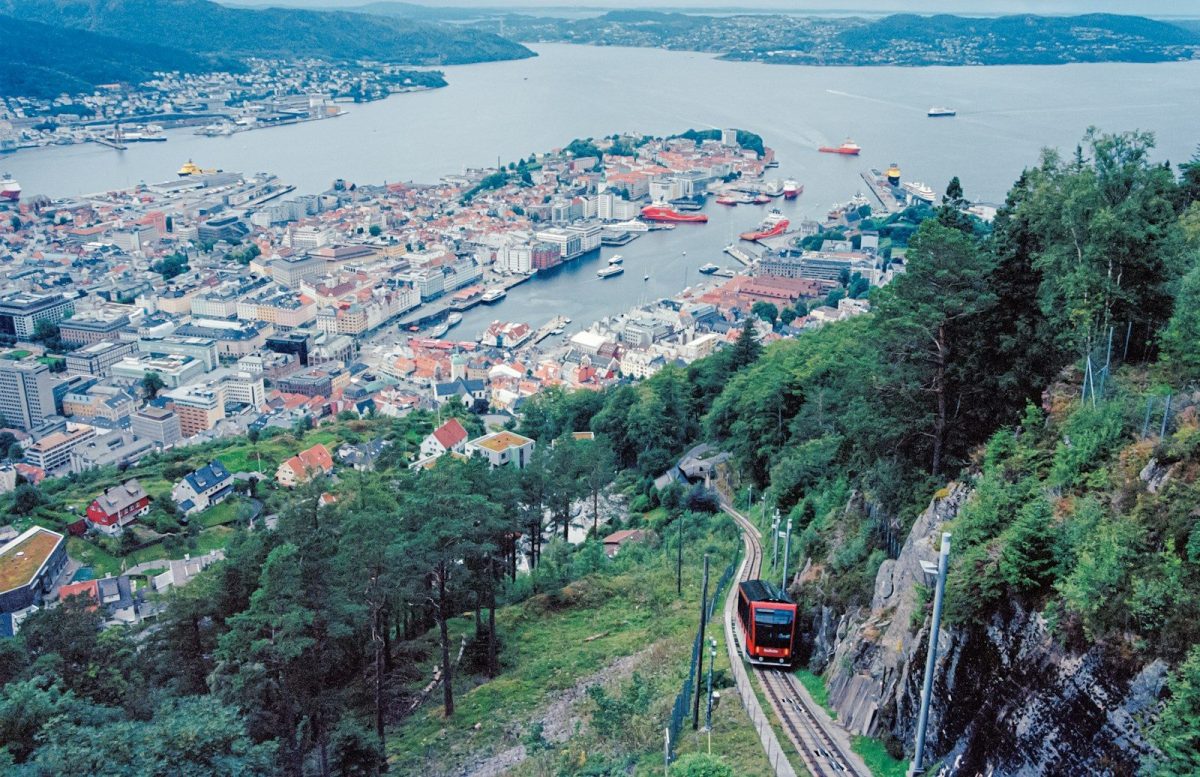 Scenic view of a city and the ocean.