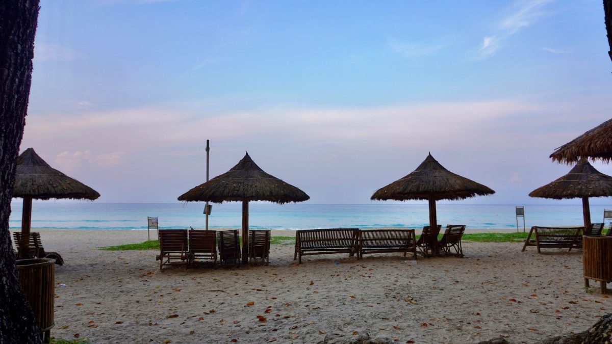 a bunch of umbrellas that are on a beach