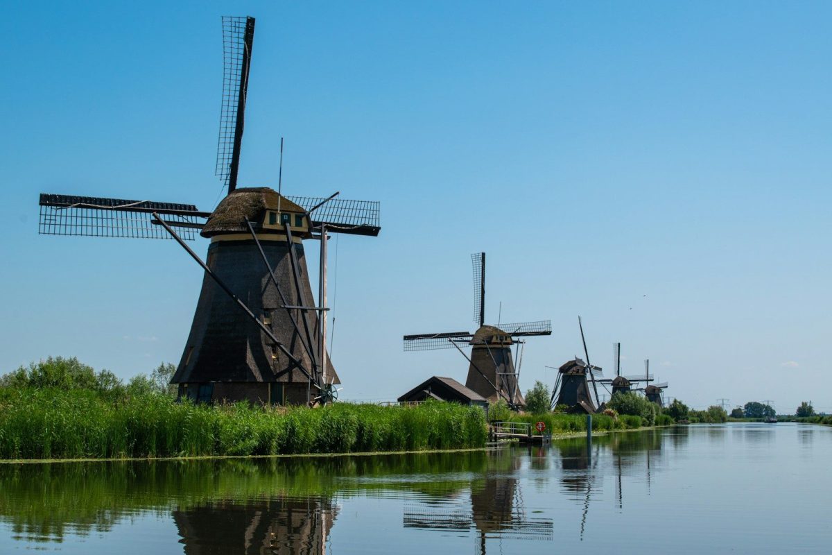 a group of windmills sitting on the side of a river