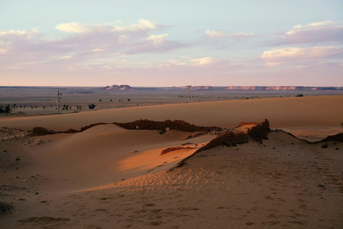 a sandy beach with a body of water in the background