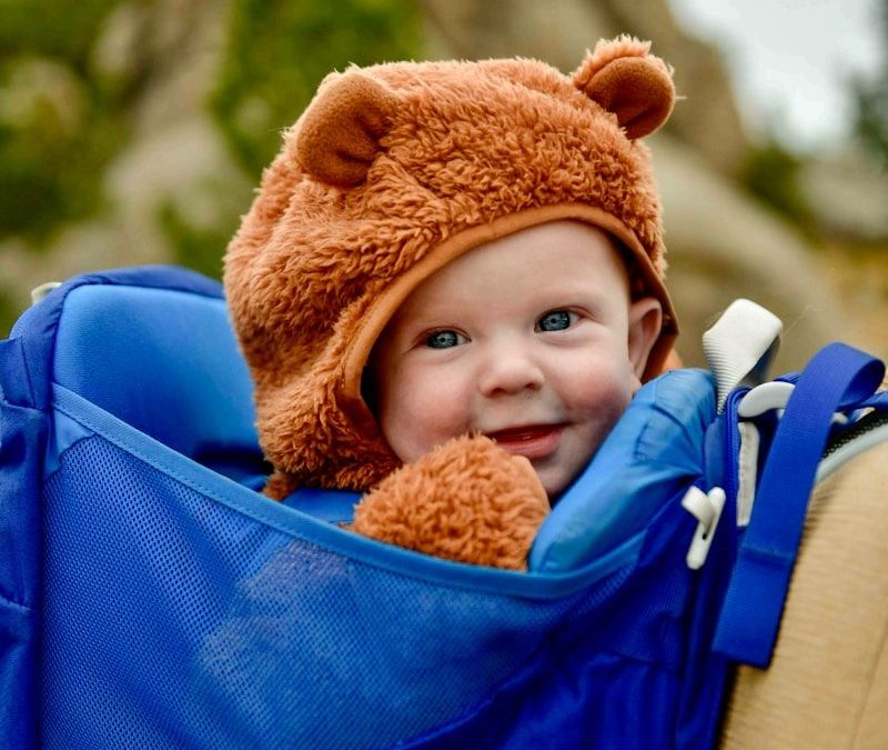 a little boy wearing a bear hat in a backpack