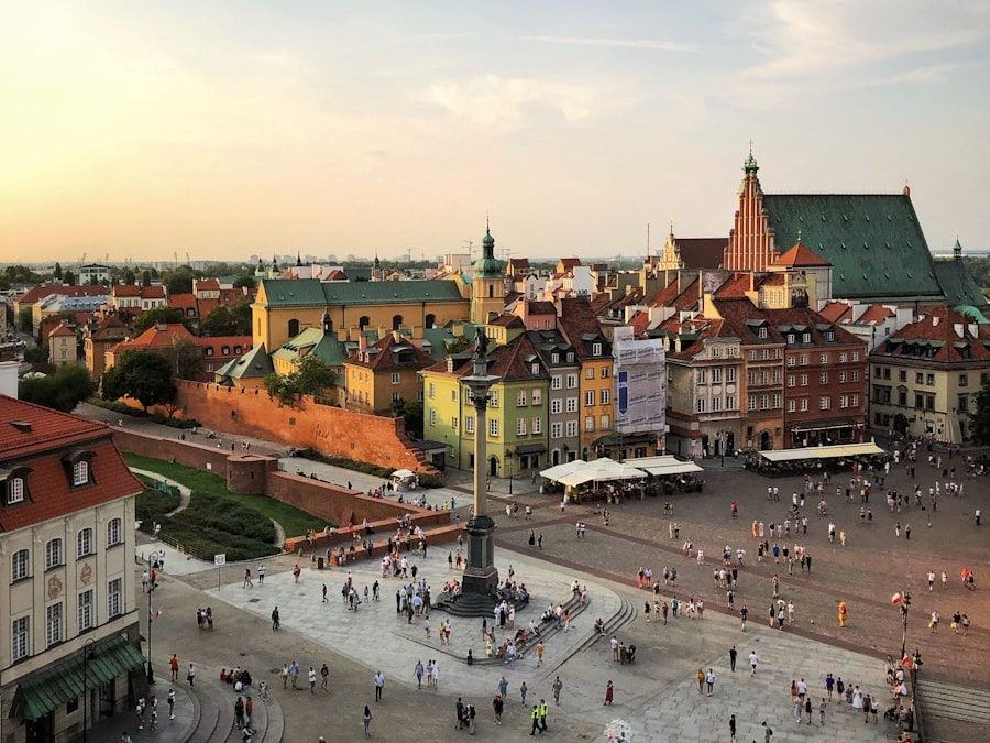aerial photograph of people walking on town square