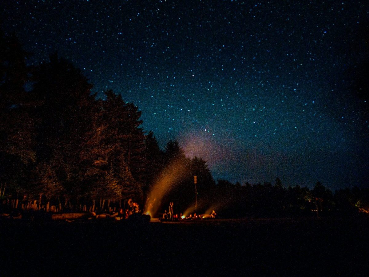 people having bonfire under blue sky filled with stars at night time