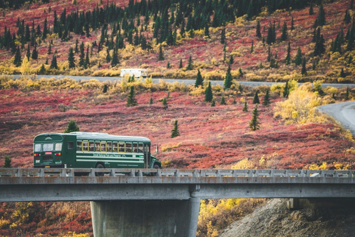 8 Reasons Some European Travelers Are Rethinking U.S. Trips 8 a green bus driving over a bridge in the mountains