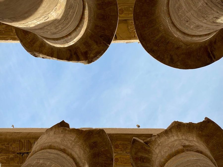 looking up at the pillars of a building