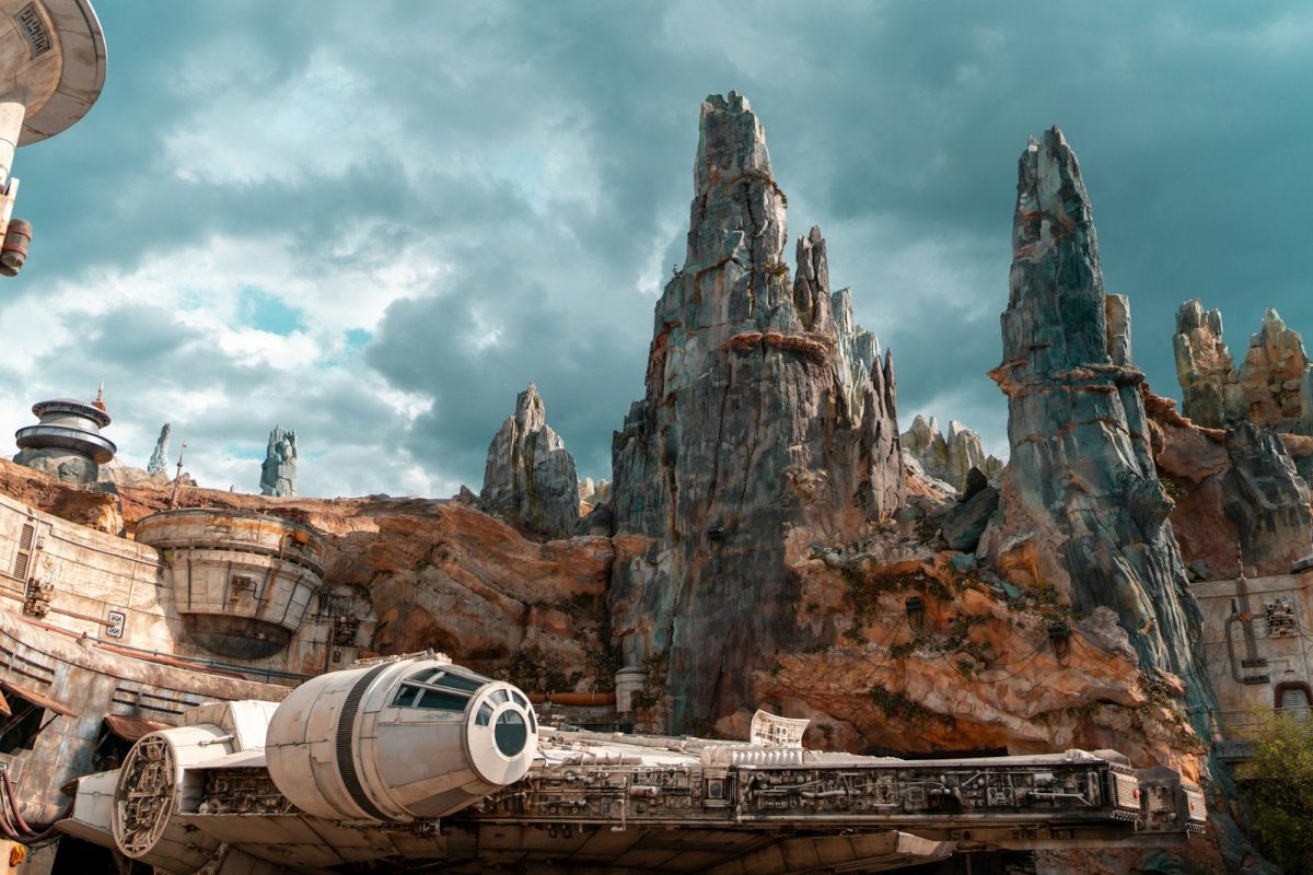 Millennium falcon is parked at star wars: galaxy's edge.