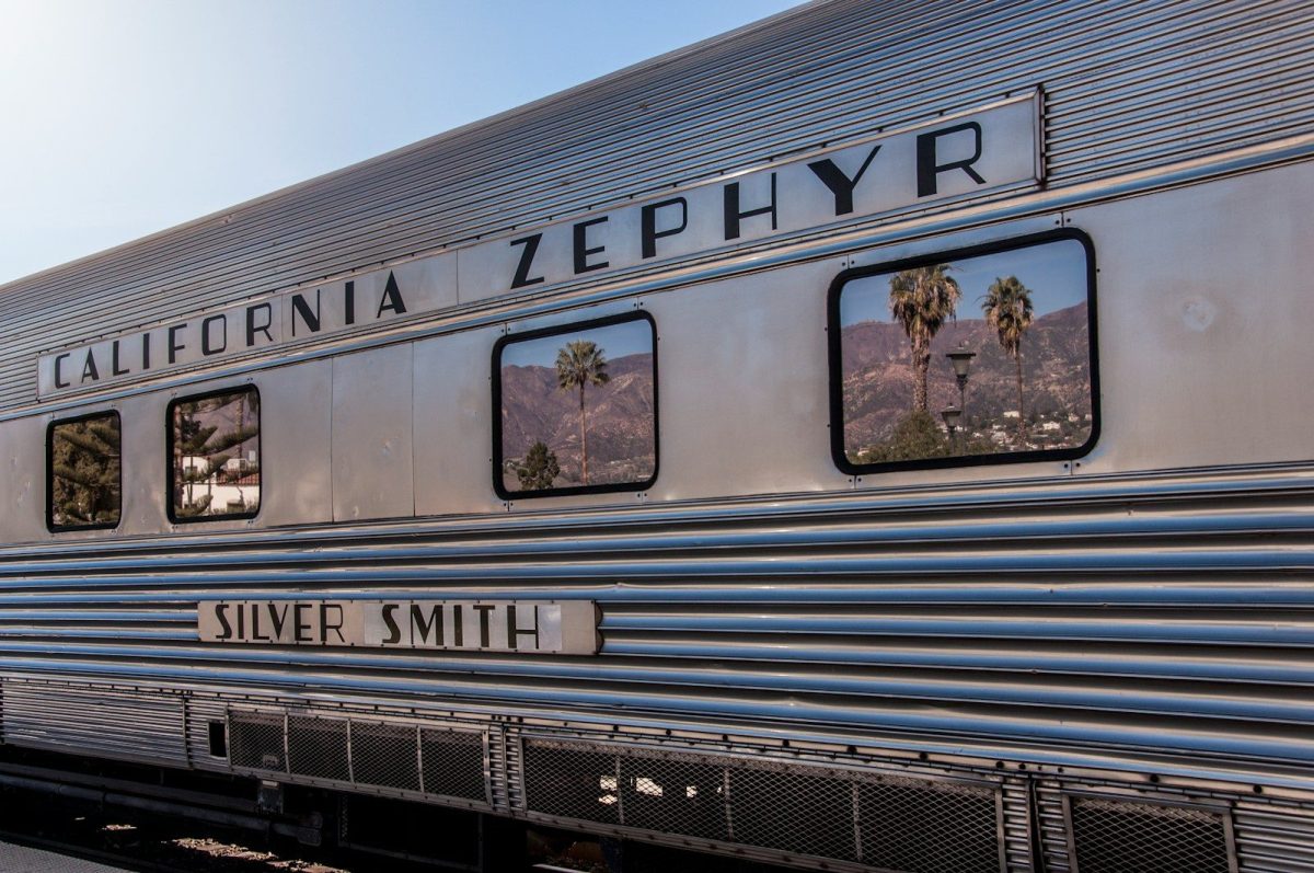 a silver train car with palm trees in the reflection
