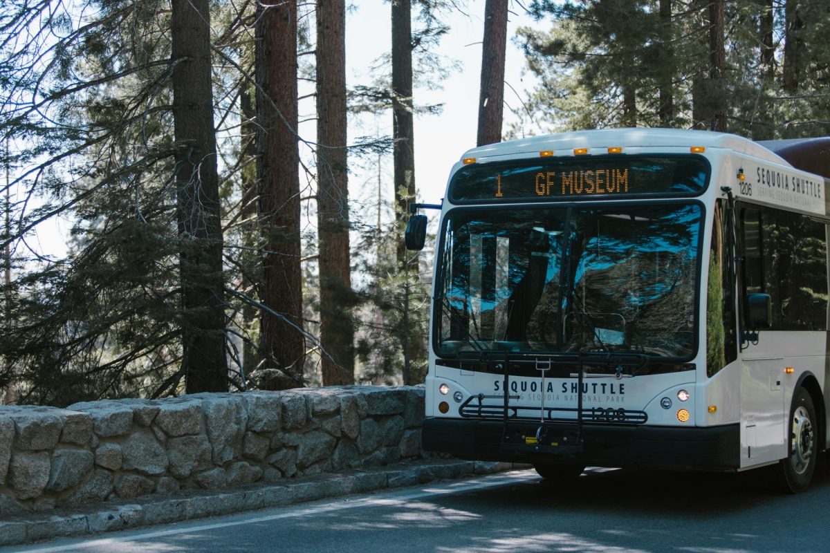 5 National Park Shuttle Snags That Can Burn Half Your Day Trip 1 Sequoia shuttle bus in a forest setting within a national park.