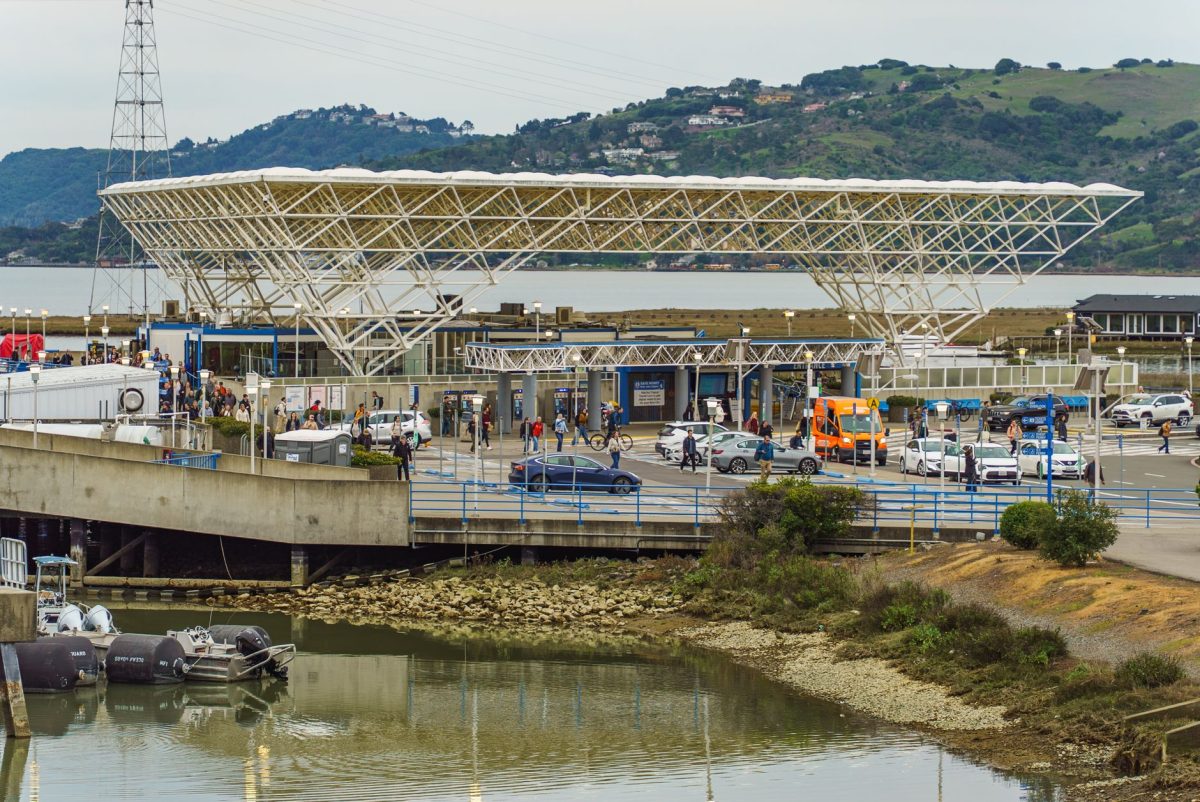 View of a bustling ferry terminal with unique rooftop design and scenic hills in the background.