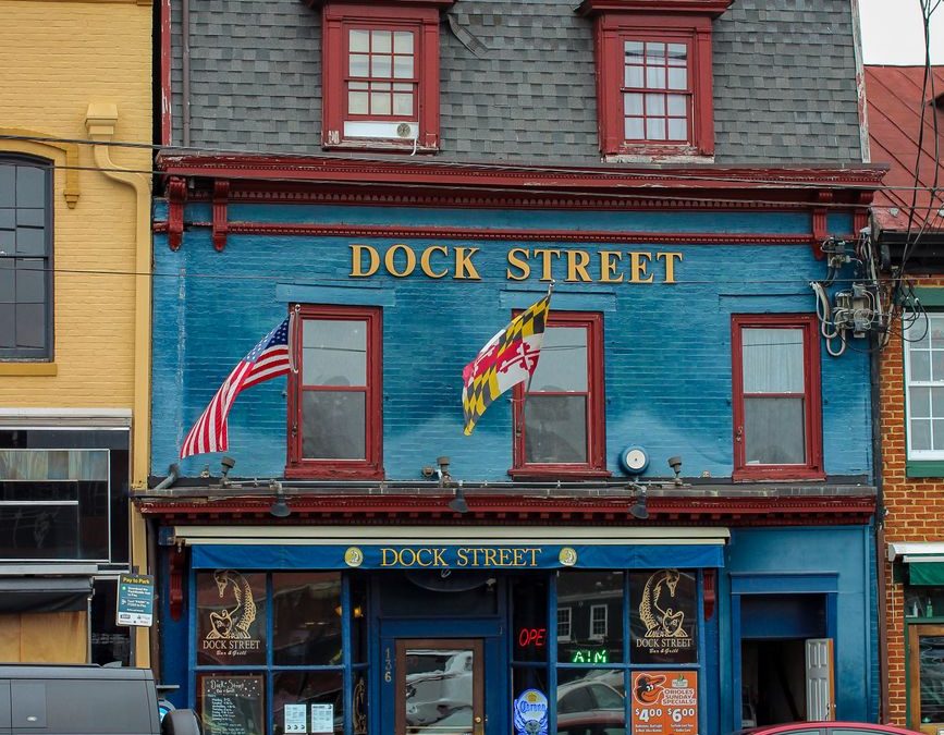 A colorful, historic building on Dock Street in downtown Annapolis, Maryland.