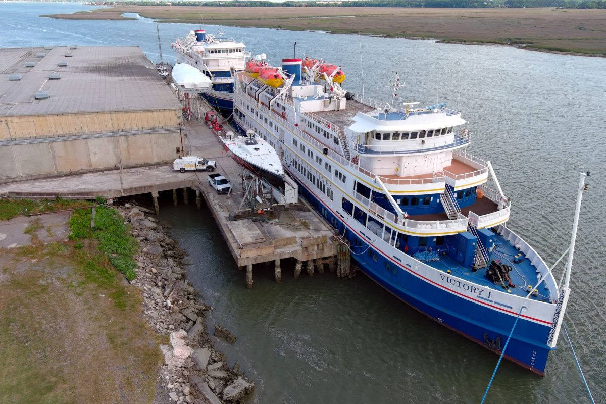A cruise ship docked at Port Royal, South Carolina, showcasing coastal travel and maritime transportation.