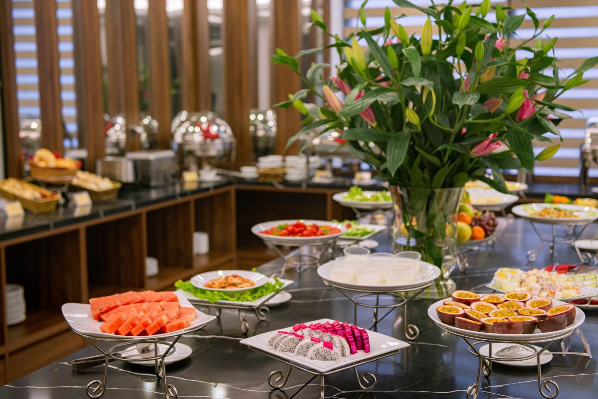 A vibrant buffet featuring fresh fruits and snacks at a luxury hotel in Hà Nội, Vietnam.