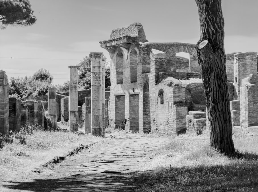 Explore the historic Roman ruins of Ostia Antica, Lazio, Italy captured in stunning black and white imagery.