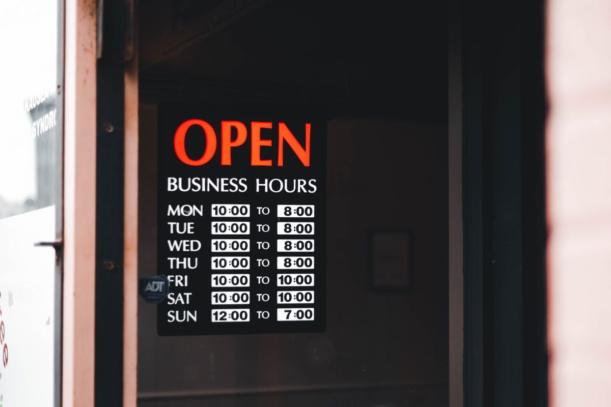 Close up of an open business hours sign displayed in a shop window.